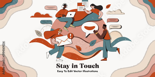 A colorful vector illustration of people staying in touch with laptops and speech bubbles