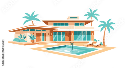 Modern Luxury Villa Illustration with Swimming Pool and Palm Trees Tropical Vacation Resort House Vector Art