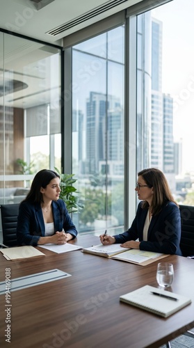 Businesswomen having important corporate meeting in modern office
