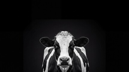 Portrait of a cow looking at the camera against a black background