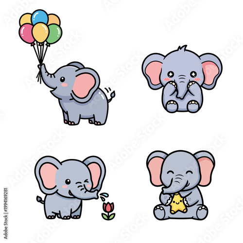 Cute elephant illustrations show various emotions and actions with balloons and gifts