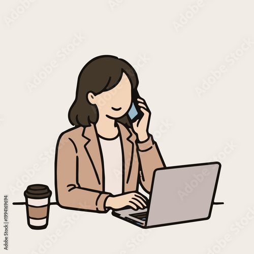 businesswoman multitasking phone call and laptop work office illustration