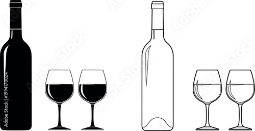 Wine bottle and glass set with filled and empty drinkware vector illustration for bar and restaurant design