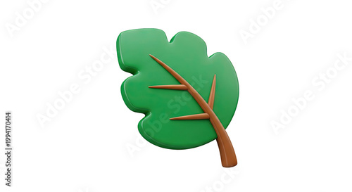 3D Green Leaf with Brown Stem Icon