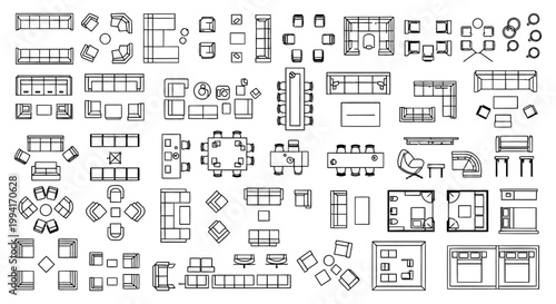 top view architectural furniture symbols and d-cad plan vector icons for modern interior design layouts and floor plans
