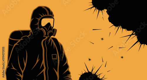 biohazard worker in hazmat suit and gas mask facing a viral outbreak symbolizing pandemic protection and public health safety
