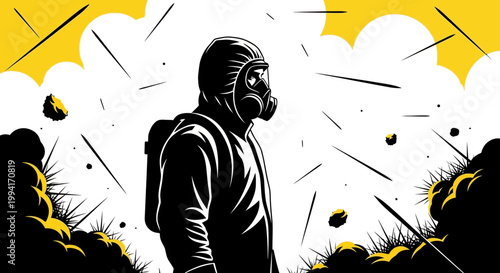 a man in a hazmat suit and gas mask observes a dangerous chemical environment symbolizing pollution crisis and survival.