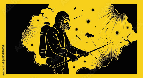 pest control disinfection professional in a hazmat suit spraying to prevent contamination and protect public health illustrating virus extermination.