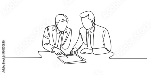 Continuous one line drawing of Business colleagues discussing a project with document.one line vector illustration on white background