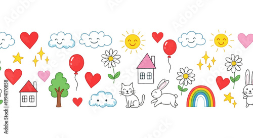 childlike hand-drawn doodles banner with cute cartoon elements happy illustration and colorful pattern perfect for whimsical design.