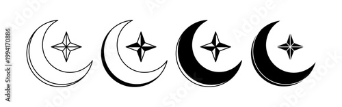Crescent moon and star icon set for Eid al Adha Islamic celebration theme in minimal style