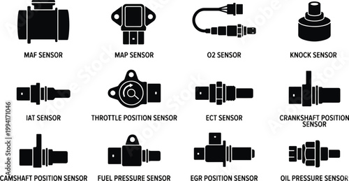 Comprehensive Set of Automotive Engine Sensors Icons 2026: Black Silhouettes with Labeled Names for Mechanical Vehicle Diagnostics on White Background