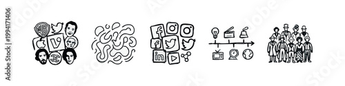 Rough Hand Drawn Social Media and Culture Icons with Faces and Logos