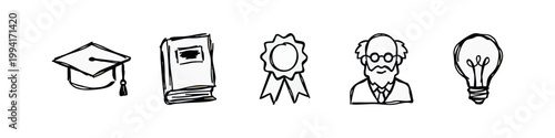 Hand Drawn Education Icon Set featuring Mortarboard Book Award Medal Professor and Idea Lightbulb Sketch