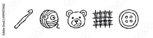 Hand Drawn Craft and Knitting Icon Set with Crochet Hook Yarn Ball Teddy Bear Fabric and Sewing Button