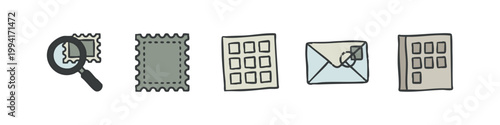 Colorful Postage and Mail Icons featuring Magnifying Glass Stamps Envelope and Directory Hand Drawn