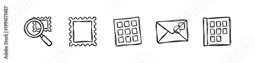 Hand Drawn Postage and Philately Icons with Magnifier Stamp Postmark Stamp Sheet Envelope and Address Book