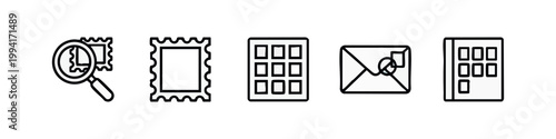 Outline Postage and Mail Icon Set with Magnifier Stamp Postmark Stamp Sheet Envelope and Address Book