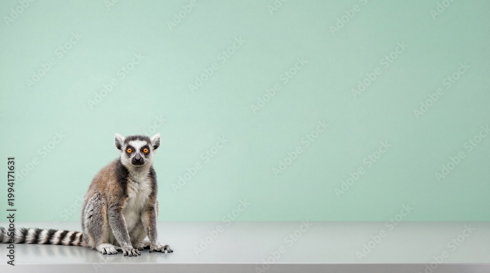 Fototapeta premium Ring-tailed lemur sitting against a plain green background in studio