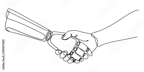 robot hand and human hand deal handshake future tense business.one line vector illustration on white background
