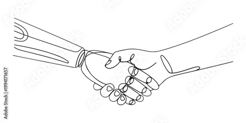robot hand and human hand deal handshake future tense business.one line vector illustration on white background