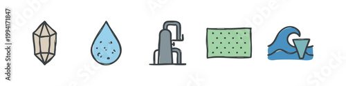 Modern Color Icon Set Illustrating Crystal Mineral Water Drop Industry Sponge and Ocean Wave