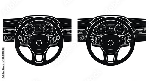 Detailed illustration of a car dashboard and steering wheel shown in a stark black and white style silhouette high quality professional