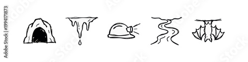 Cave Exploration and Spelunking Icon Set in Hand-Drawn Sketch Style - Cave, Stalactites, Mining Helmet, River, Bat