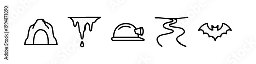 Spelunking and Cave Adventure Line Icon Set - Cavern Entrance, Stalactite, Mining Hat, Underground River, Bat Wing