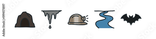 Colorful Cave and Spelunking Adventure Icon Set - Underground Cavern, Mining Gear, Stalactite, River and Bat
