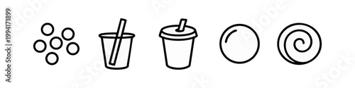 Modern Line Icon Set of Refreshing Drinks and Sweets - Boba Tea, Disposable Cup, Candy and Pastry