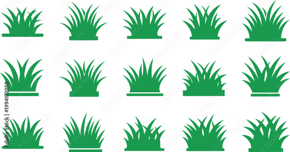 Fototapeta premium Set of Green Grass Clump Icons with Flat Base nature