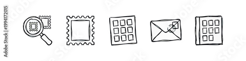 Philately and Postage Stamp Collection Hand Drawn Icons