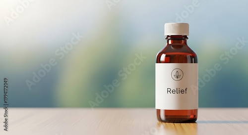 Amber glass bottle with 'Relief' label and a white cap on a wooden surface with blurred green background