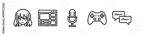 Hand-drawn Gaming and Streaming Vector Icon Set in Line Art Style