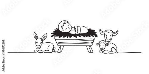 the Jesus Christ baby in a manger. Continuous line christmas feeder for animals icon.one line vector illustration on white background