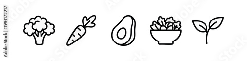 Healthy Living and Vegetarian Nutrition Line Art Icon Set with Vegetables Broccoli and Avocado