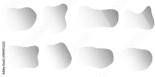 Dotwork abstract noise fluid grain gradient fluent elements. Dotwork stipple halftone effect pointilism gradient. Dotted set of shapes, stipple elements. Vector background