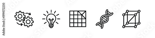 Scientific Innovation and Research Line Art Icon Set with Gears Lightbulb DNA and Network