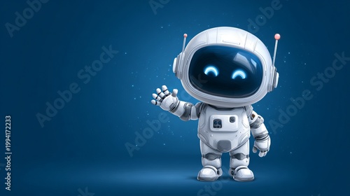 A cartoon astronaut in a white spacesuit waves in a dark blue space environment with stars
