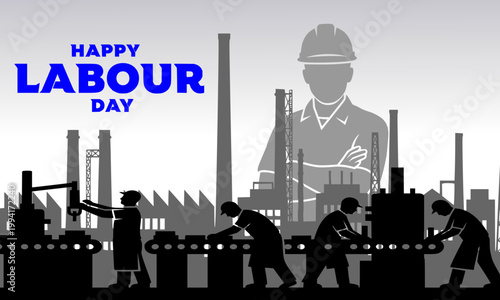 Happy Labour Day illustration with layered construction worker silhouettes, industrial factory smokestacks, and a large engineer figure in blue and grey tones, perfect for Workers Day greetings, poste
