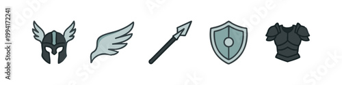 Colored Medieval Fantasy Warrior Icons Set Hand Drawn Style with Knight Helmet and Shield