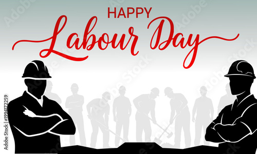 Happy Labour Day illustration with two confident construction workers in hard hats and a group of worker silhouettes, in elegant red script and grey tones, perfect for Workers Day greetings, posters, 