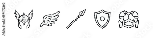 Medieval Knight Equipment and Weaponry Hand Drawn Sketch Icons Set with Helmet Armor and Shield
