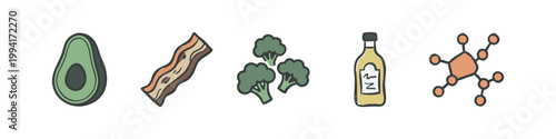 Flat Color Sketch Style Keto Diet Nutrition Icons Healthy Food Graphics