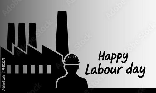 Happy Labour Day illustration with minimalist factory building and construction worker silhouette in grey tones with elegant script typography, perfect for Workers Day greetings, social media posts