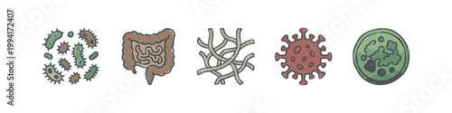 Colored Biology and Human Gut Health Icon Set