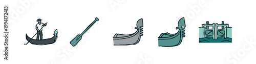 Colored Venice Gondola and Canal Icon Set