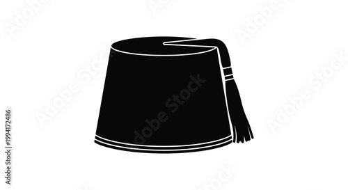 A stark black silhouette of a traditional fez hat displaying its cylindrical shape and tassel detail silhouette high quality professional detailed