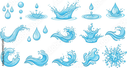 Water splash and droplet collection, waves ripples fluid motion vector illustration, glossy blue artwork design graphic - stylized dynamic water icon set illustration